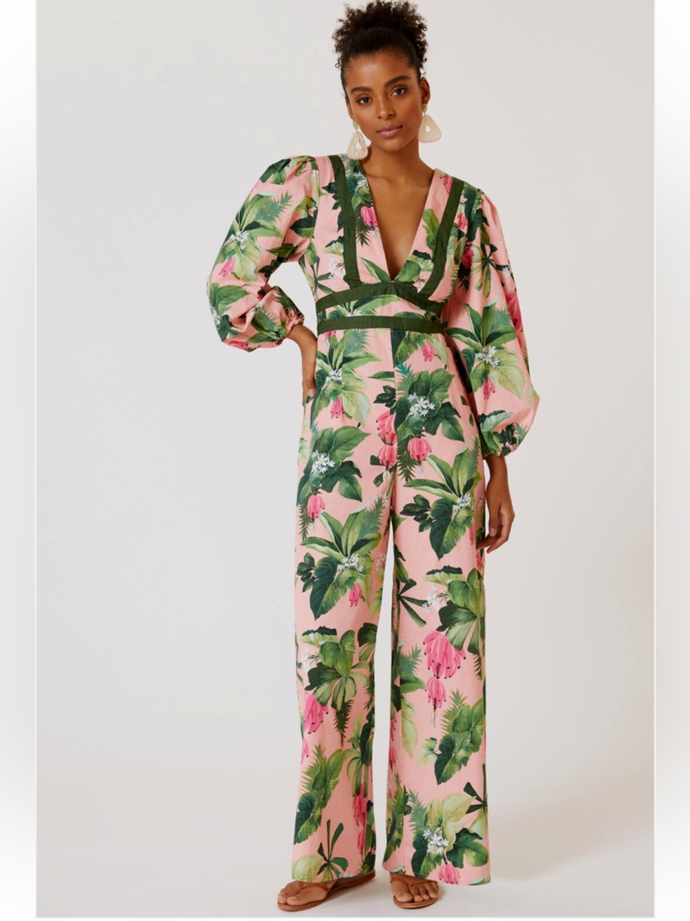 FARM Rio Pink Tropical-Print V-Neck Jumpsuit with Green Accents